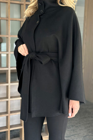Siyah Düğmeli Kuşaklı Kaşe Panço - 2055