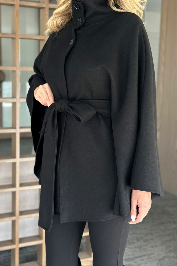 Siyah Düğmeli Kuşaklı Kaşe Panço - 2055