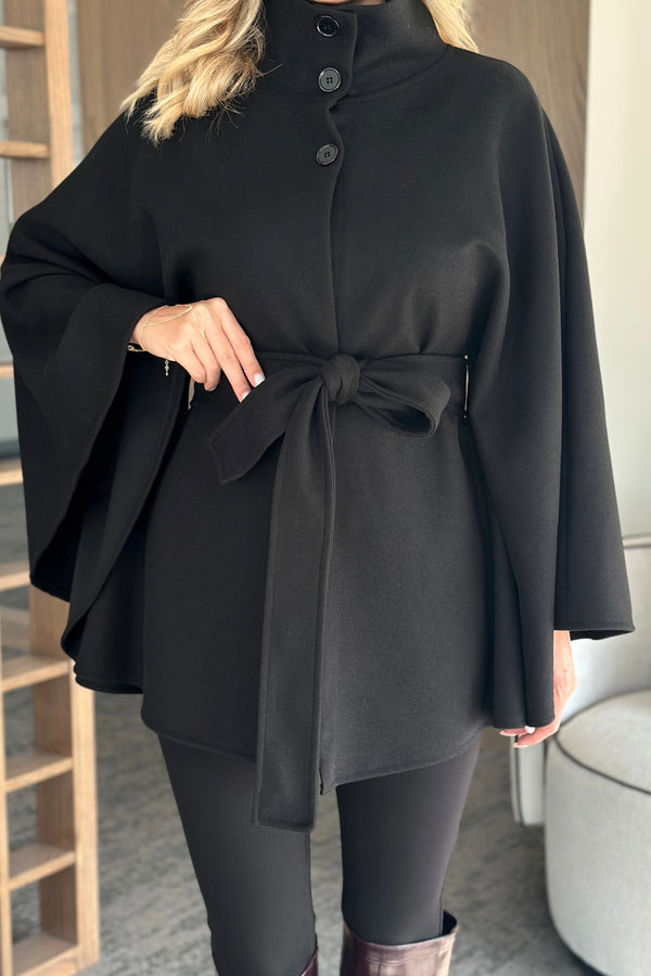 Siyah Düğmeli Kuşaklı Kaşe Panço - 2055