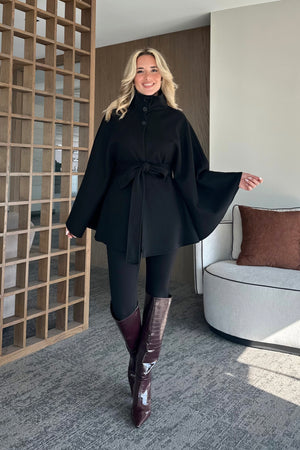 Siyah Düğmeli Kuşaklı Kaşe Panço - 2055