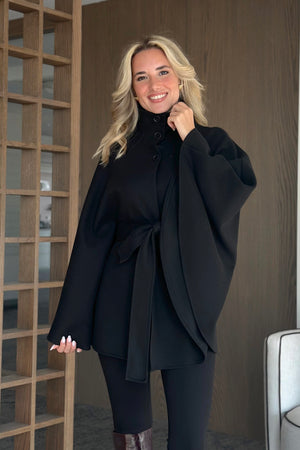 Siyah Düğmeli Kuşaklı Kaşe Panço - 2055