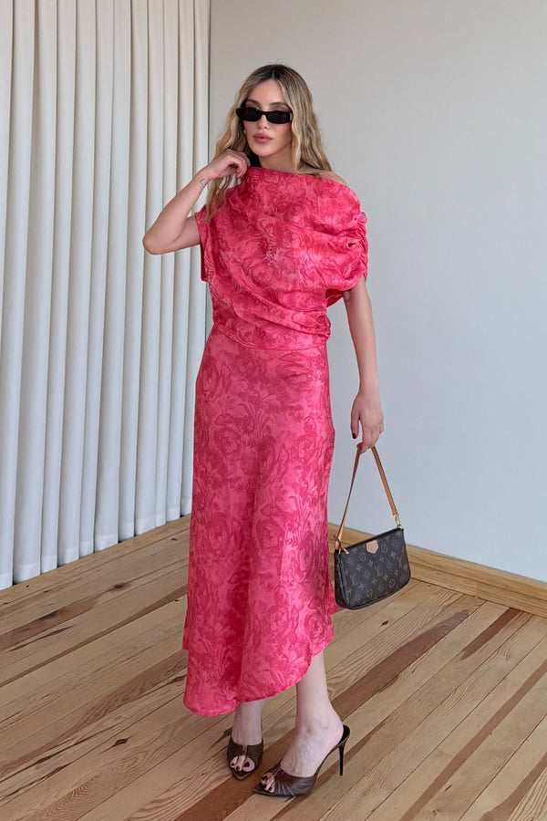 Fuşya Tek Omuz Asimetrik Çiçekli Elbise - 205385