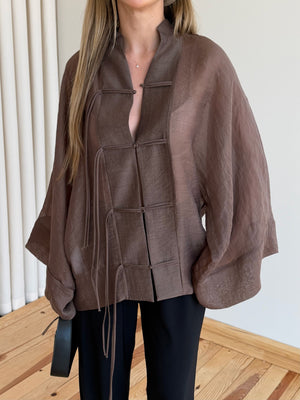 Kahverengi İp Bağcıklı Transparan Kimono - 5098