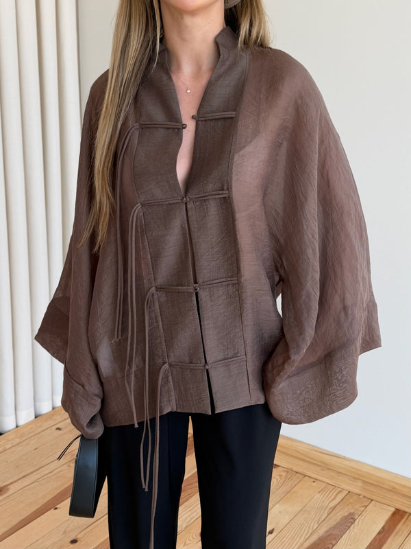 Kahverengi İp Bağcıklı Transparan Kimono - 5098