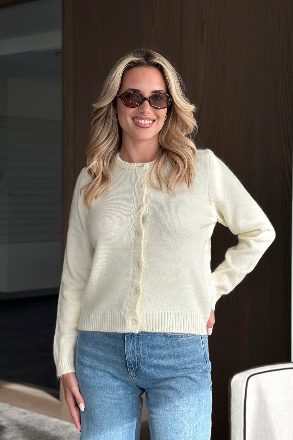 Krem Basic Düğmeli Hırka - 4488