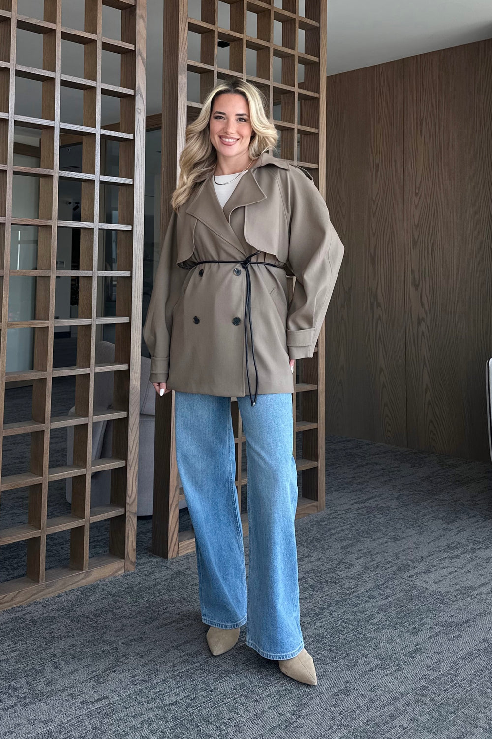 Haki Deri İp Kemerli Rüzgarlıklı Trençkot - 7488