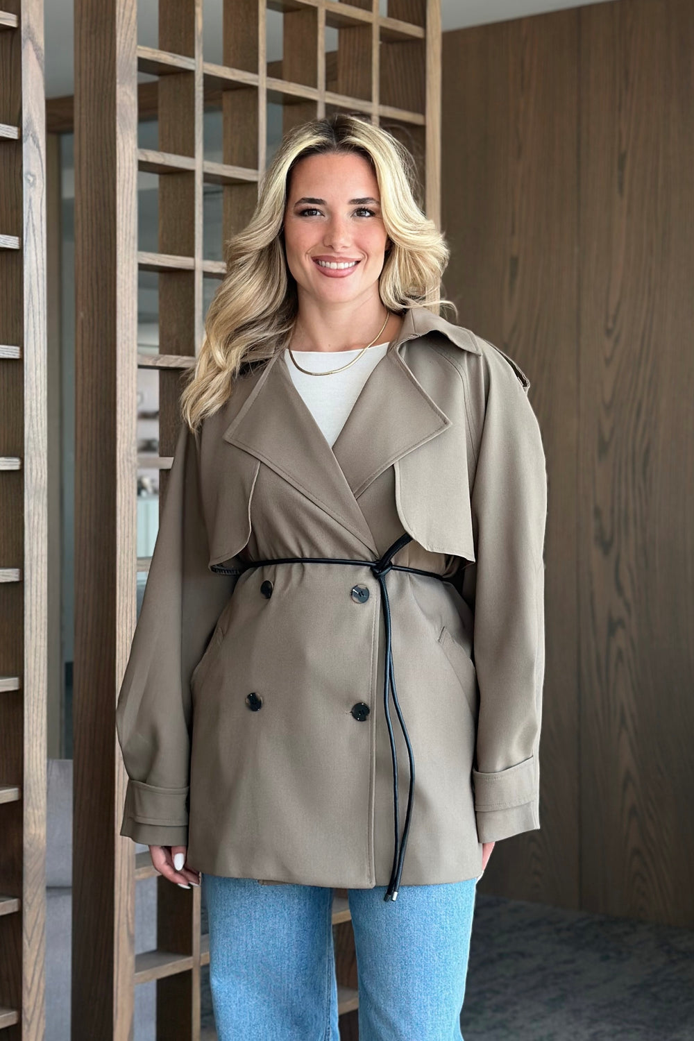 Haki Deri İp Kemerli Rüzgarlıklı Trençkot - 7488