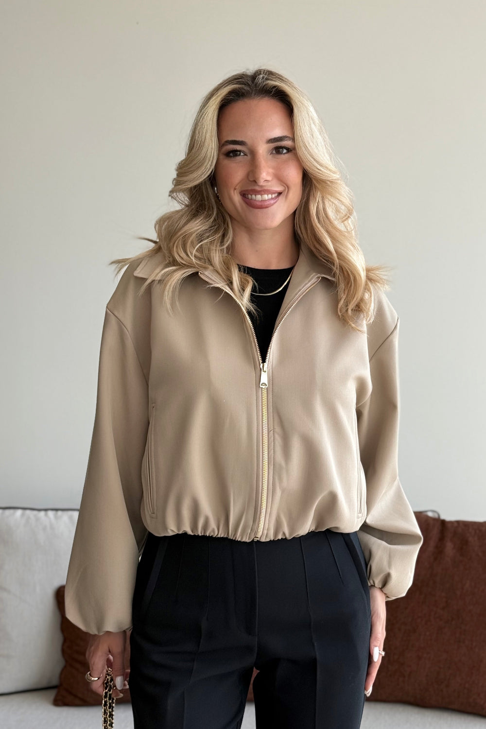 Camel Crop Bomber Ceket