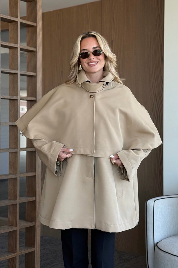 Camel Yakası Deri Detaylı Pelerin Trençkot