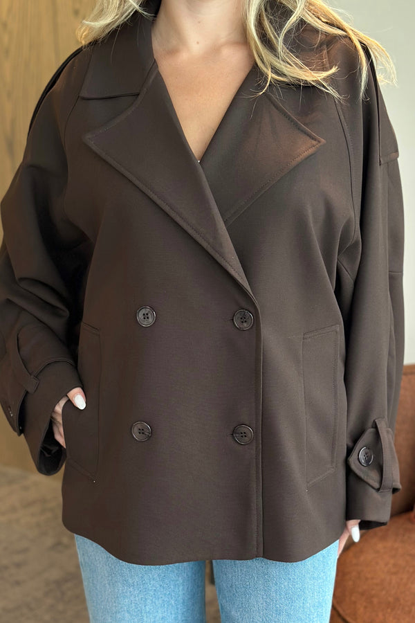 Kahverengi Kruvaze Kısa Trençkot - 7537