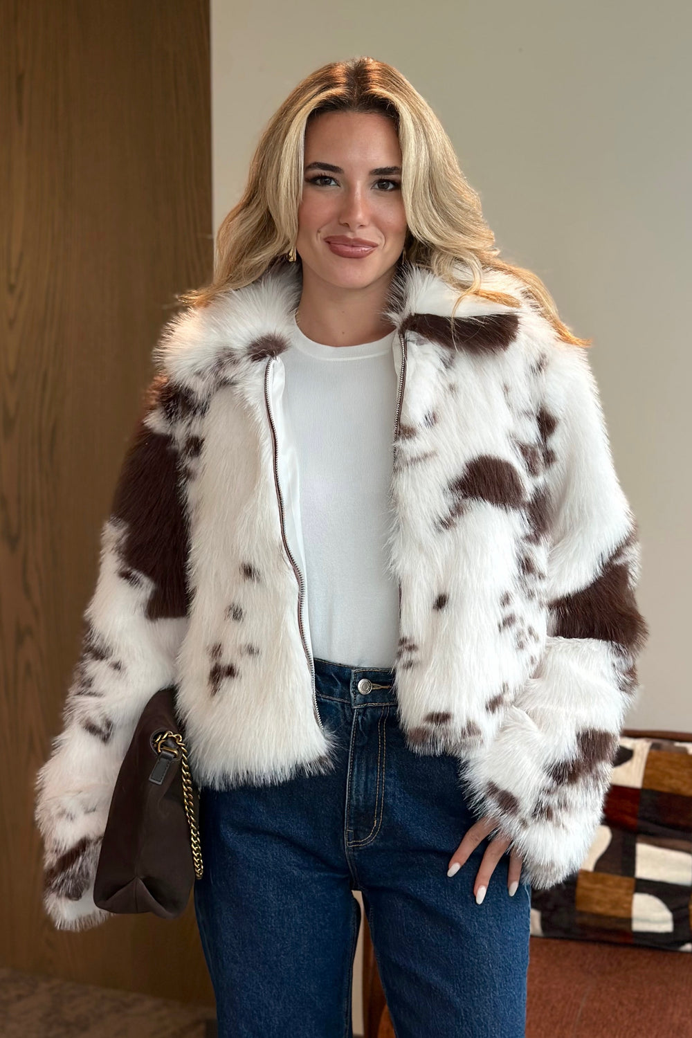 Ekru Kahverengi Desenli Fermuarlı Kürk - 85154