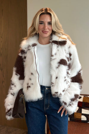 Ekru Kahverengi Desenli Fermuarlı Kürk - 85154