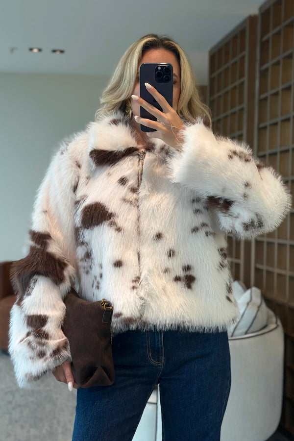 Ekru Kahverengi Desenli Fermuarlı Kürk - 85154