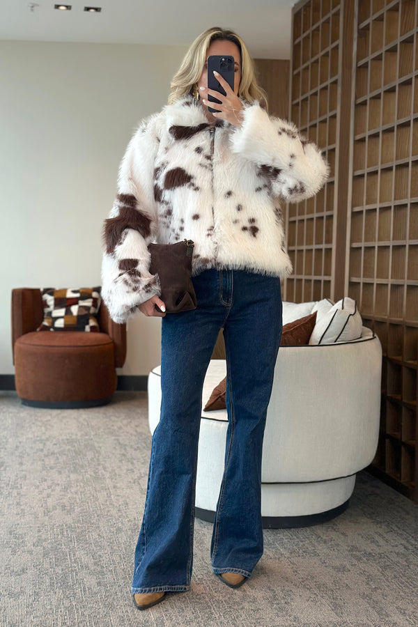 Ekru Kahverengi Desenli Fermuarlı Kürk - 85154