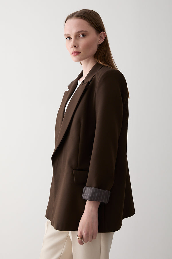 Kahverengi Çizgili Astarlı Kolu Katlamalı Blazer Ceket - 7560
