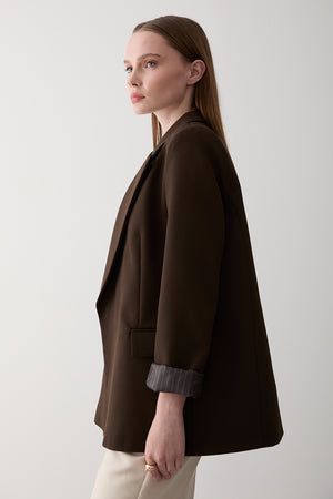 Kahverengi Çizgili Astarlı Kolu Katlamalı Blazer Ceket - 7560