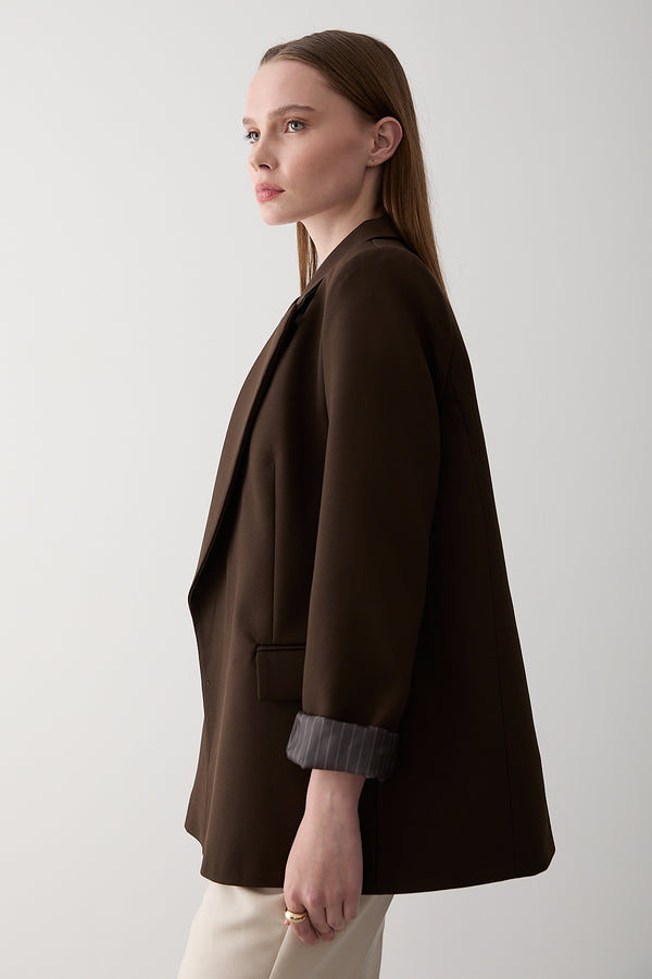 Kahverengi Çizgili Astarlı Kolu Katlamalı Blazer Ceket - 7560