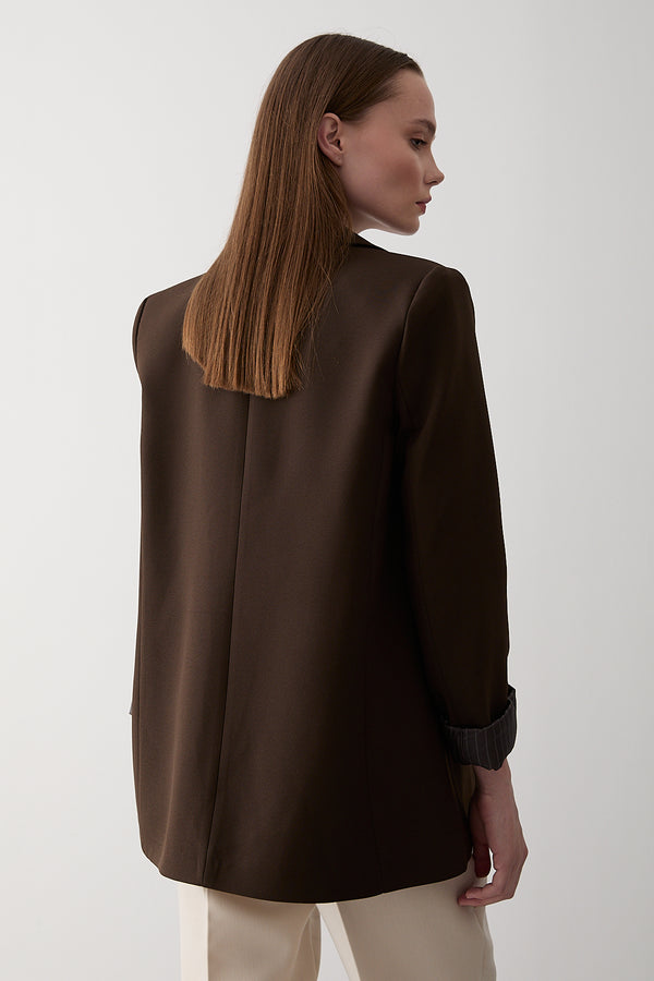 Kahverengi Çizgili Astarlı Kolu Katlamalı Blazer Ceket - 7560