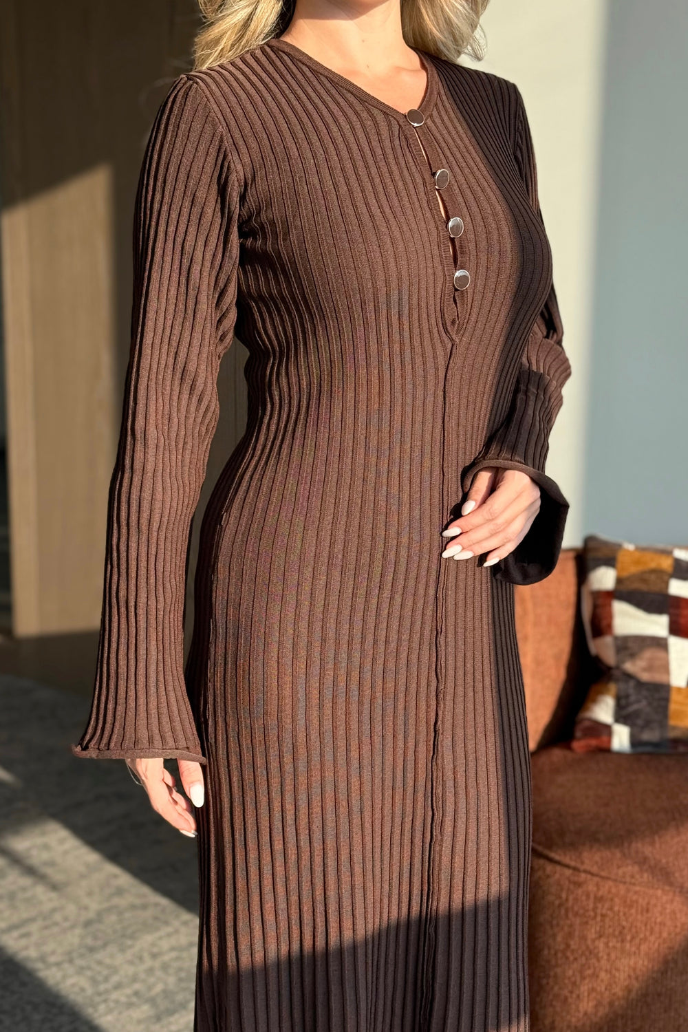 Kahverengi Düğme Detaylı Uzun Elbise - 1725