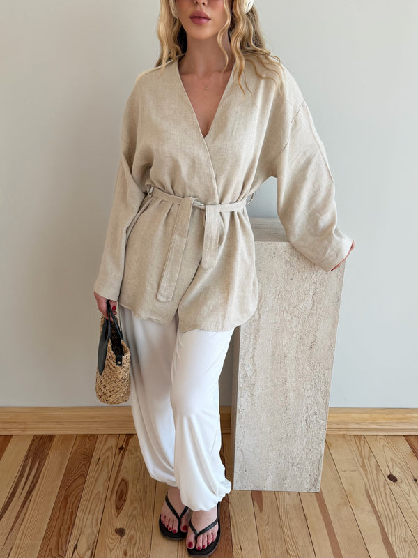 Taş Düğme Detaylı Kemerli Kimono - 005