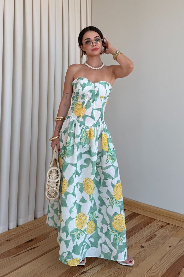 Yeşil Ananas Desenli Straplez Elbise - 4221