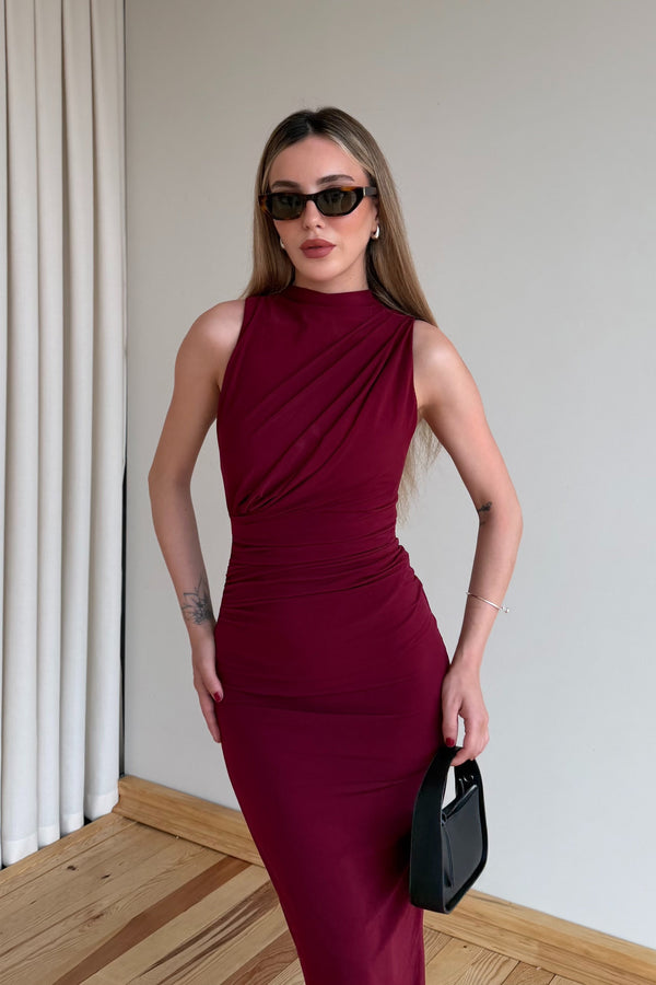 Bordo Drapeli Yırtmaçlı Elbise - 4114