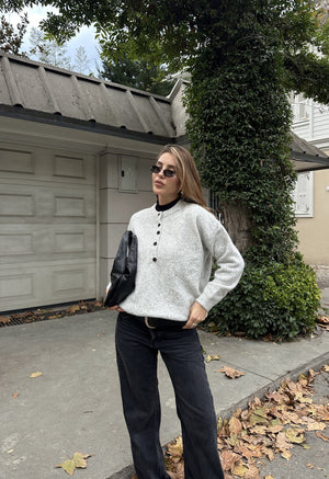 Gri Düğmeli Bisiklet Yaka Triko Kazak - 2464