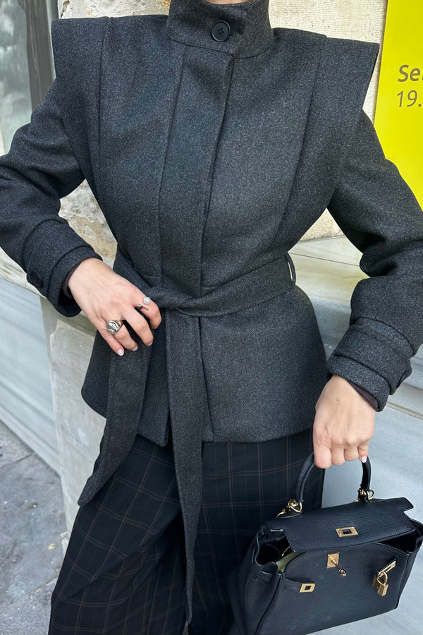 Antrasit Vatkalı Kuşaklı Kaşe Ceket - 1001