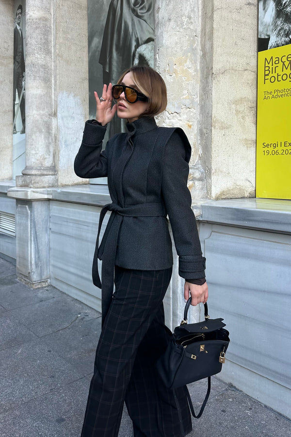 Antrasit Vatkalı Kuşaklı Kaşe Ceket - 1001