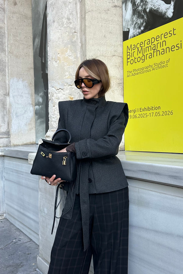 Antrasit Vatkalı Kuşaklı Kaşe Ceket - 1001