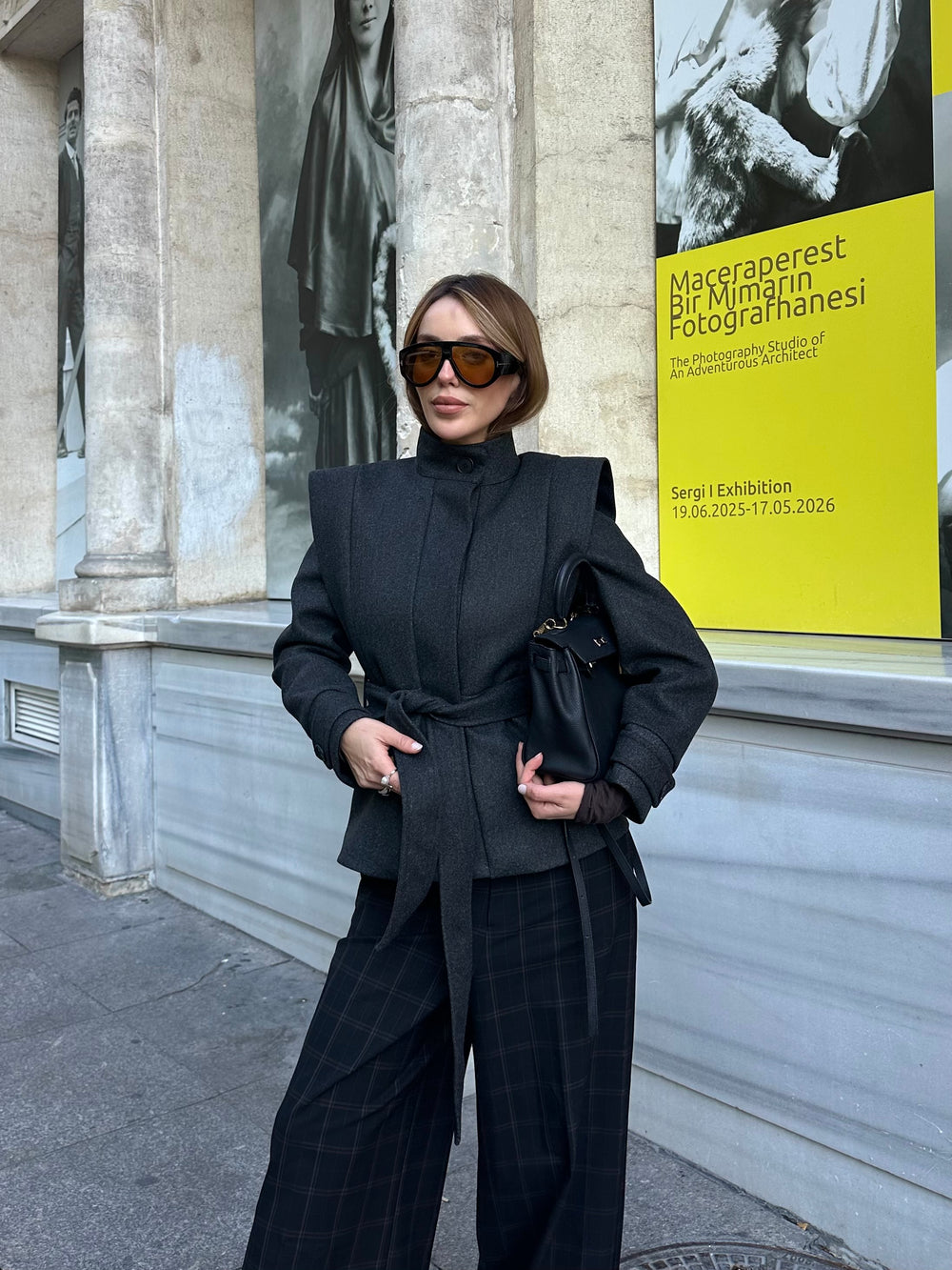 Antrasit Vatkalı Kuşaklı Kaşe Ceket - 1001