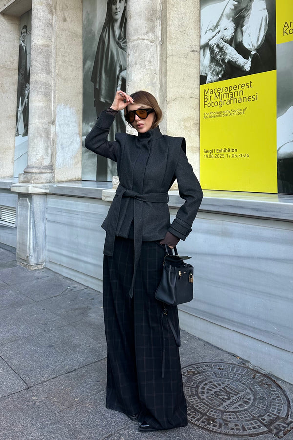 Antrasit Vatkalı Kuşaklı Kaşe Ceket - 1001