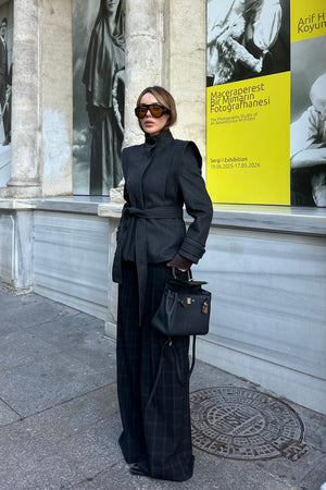 Antrasit Vatkalı Kuşaklı Kaşe Ceket - 1001