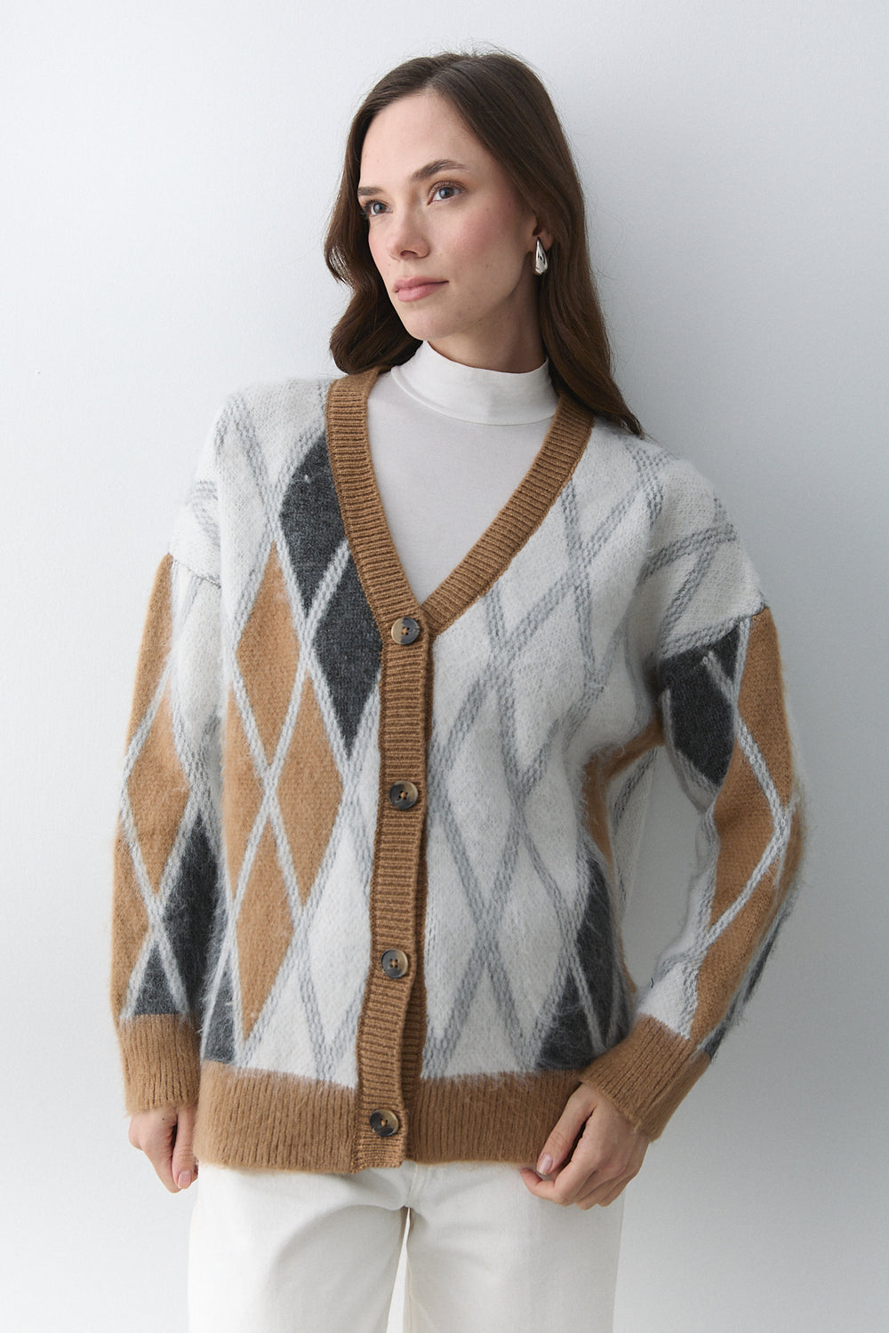 Camel Kemik Baklava Desenli Hırka - 251090