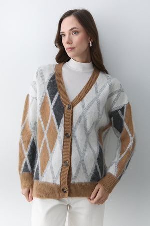 Camel Kemik Baklava Desenli Hırka - 251090