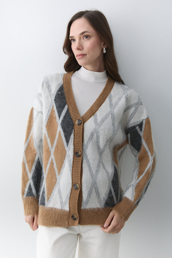 Camel Kemik Baklava Desenli Hırka - 251090