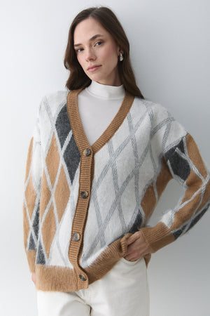 Camel Kemik Baklava Desenli Hırka - 251090