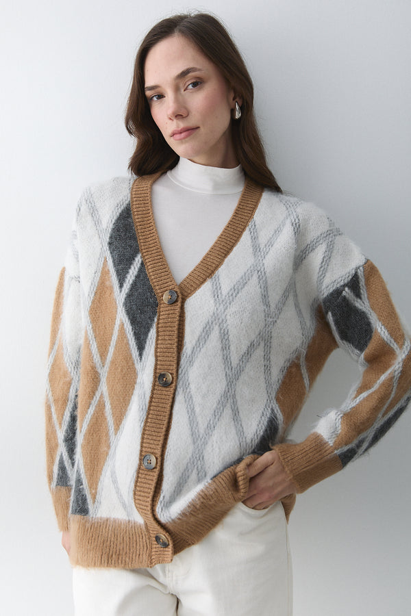 Camel Kemik Baklava Desenli Hırka - 251090