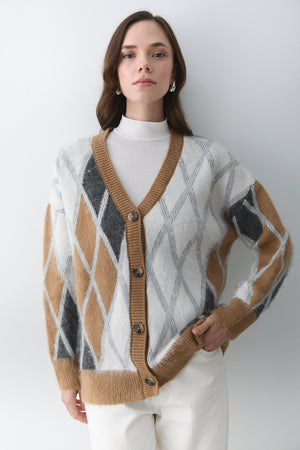 Camel Kemik Baklava Desenli Hırka - 251090