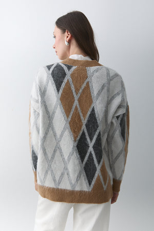 Camel Kemik Baklava Desenli Hırka - 251090