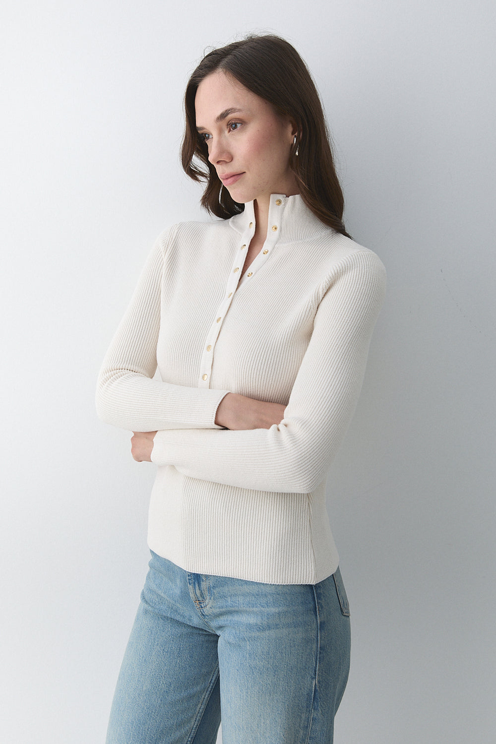 Krem Çıtçıtlı Boğazlı Kazak - 251037