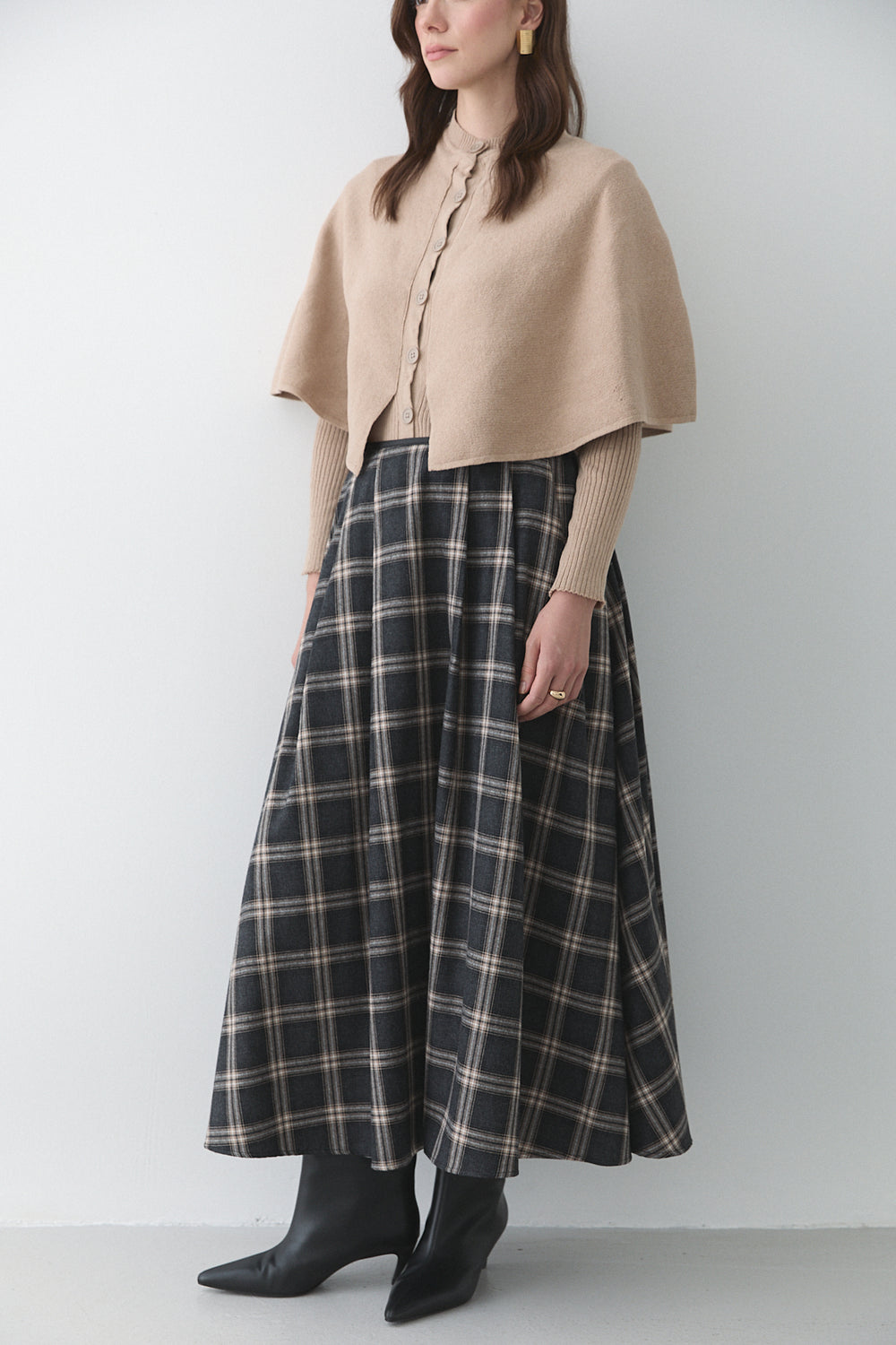 Antrasit Bej Deri Şeritli Ekoseli Etek - 4977