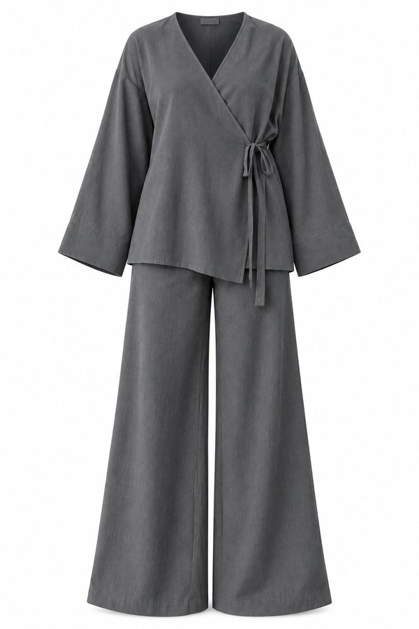 Antrasit Kruvaze %100 Pamuk Kimono Pantolon Takım - 3y003