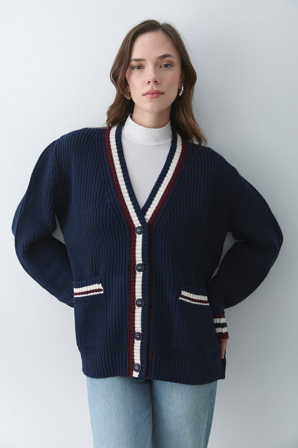 Lacivert - Bordo Renkli Cepli Hırka - 241143