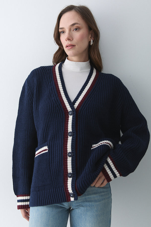 Lacivert - Bordo Renkli Cepli Hırka - 241143