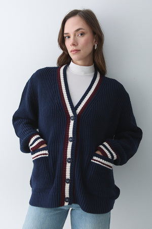 Lacivert - Bordo Renkli Cepli Hırka - 241143