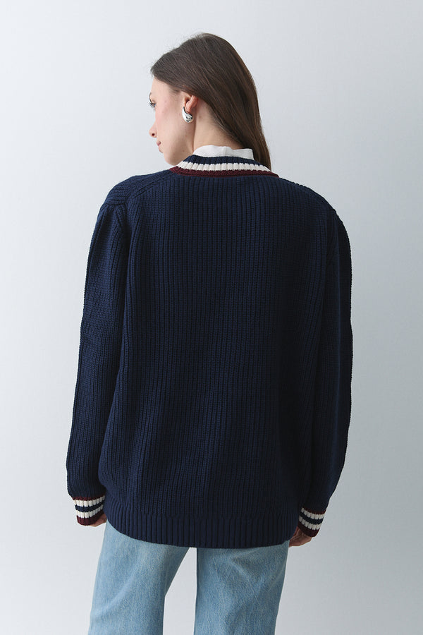 Lacivert - Bordo Renkli Cepli Hırka - 241143