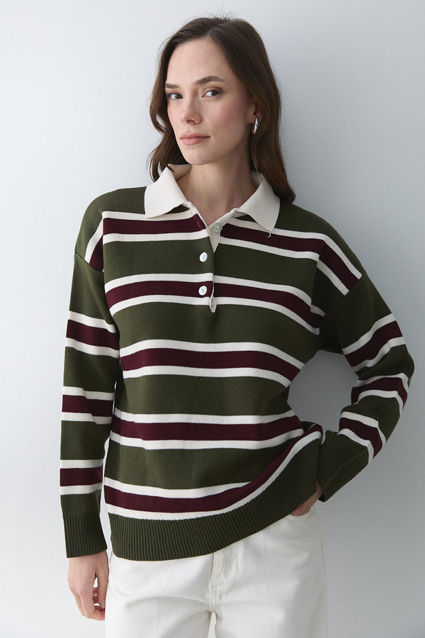 Haki Bordo Polo Yaka Kazak - 241184