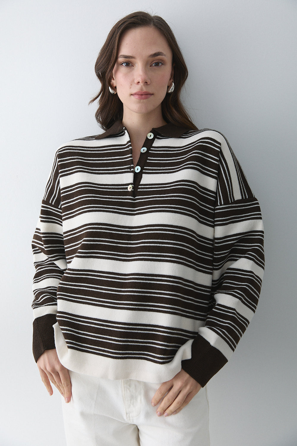 Koyu Kahve - Krem İki Renkli Çizgili Kazak - 251140