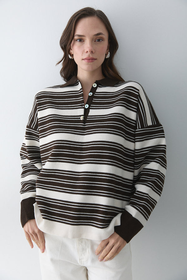 Koyu Kahve - Krem İki Renkli Çizgili Kazak - 251140